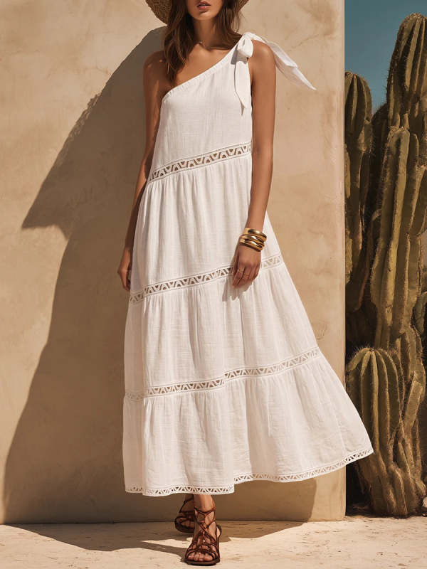 Bohemian One-shoulder Cotton Dress With Spliced webbing Trim