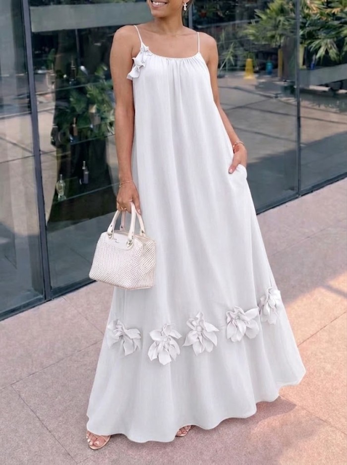 Women's 3d Flower Spaghetti Strap Long Dress