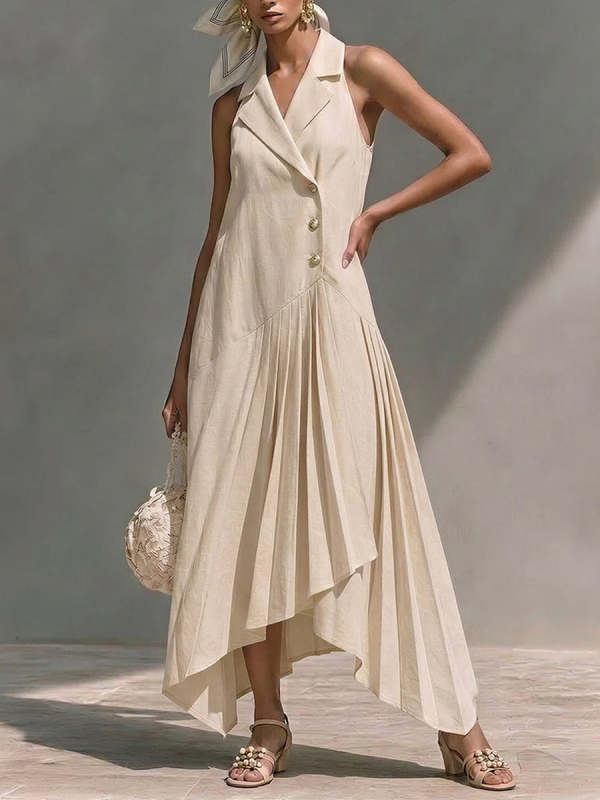 Women's Solid-color Collared Sleeveless Casual Loose Cotton-linen A-line Dress