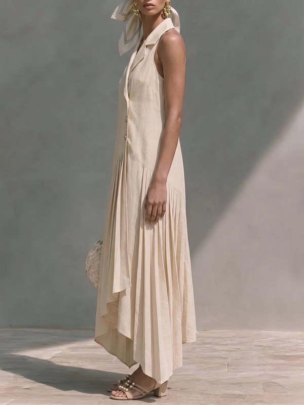 Women's Solid-color Collared Sleeveless Casual Loose Cotton-linen A-line Dress