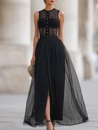 Stylish And Elegant Slim-fit Maxi Dress With Lace And Mesh Paneling