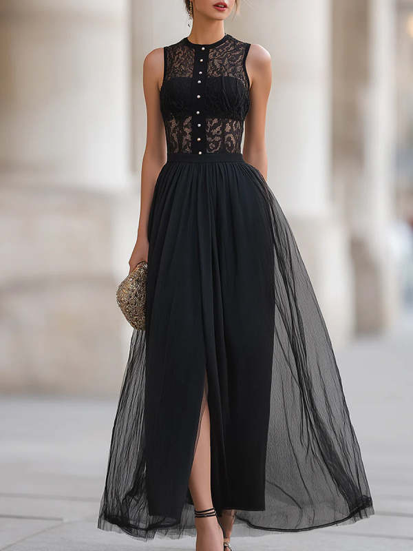 Stylish And Elegant Slim-fit Maxi Dress With Lace And Mesh Paneling