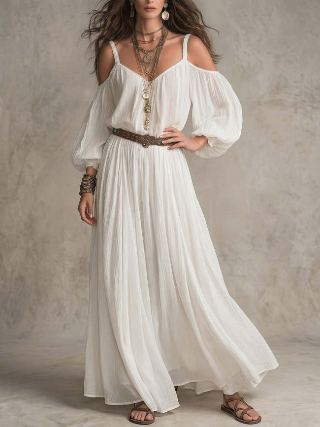 Women's Loose-fit Casual V-neck Off-shoulder Long-sleeve Dress
