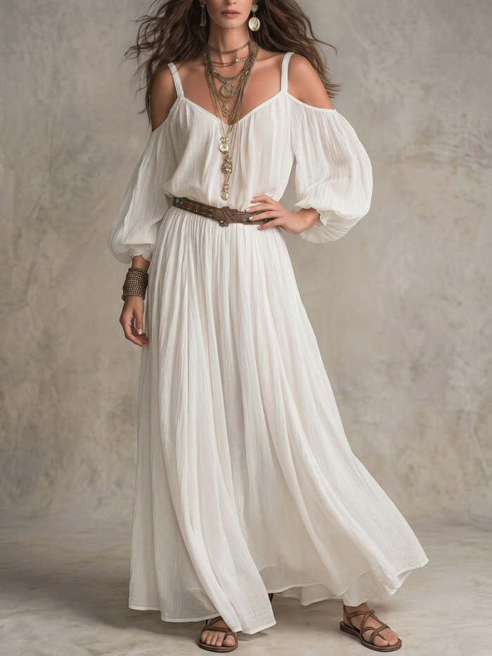 Women's Loose-fit Casual V-neck Off-shoulder Long-sleeve Dress