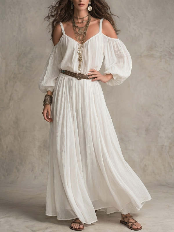 Women's Loose-fit Casual V-neck Off-shoulder Long-sleeve Dress