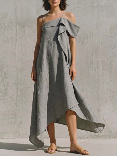 Women's Solid-color Casual Loose Cotton-linen Strappy Dress