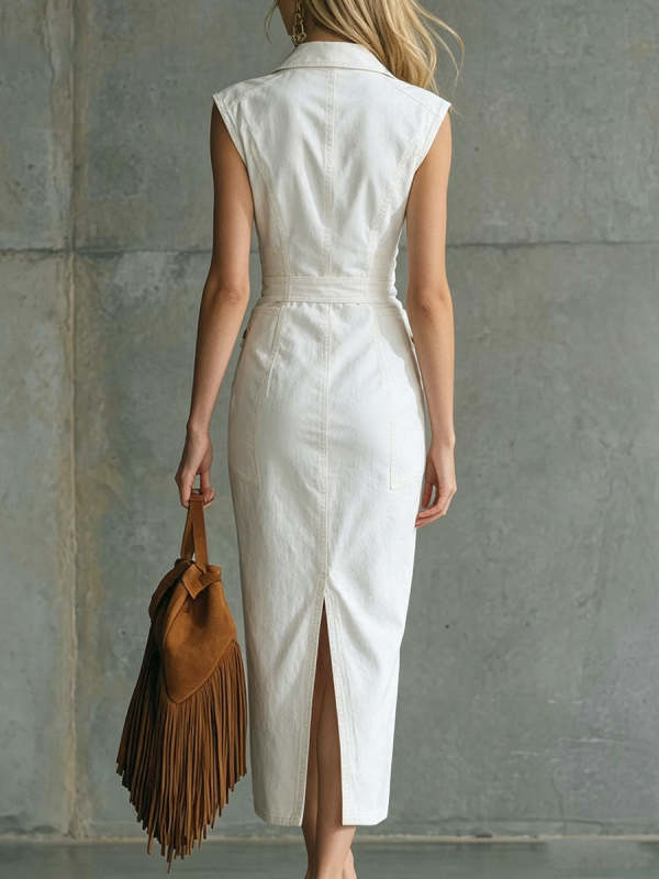 Women's Asymmetrical Front-button White Slit Lapel Sleeveless Dress