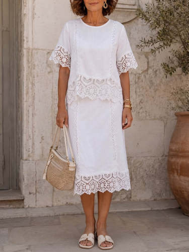 Women's Solid-color Round-neck Short-sleeve Casual Loose Cotton-linen Top With Lace Splicing, Paired With A High-waisted Casual Loose Cotton-linen Skirt â Two-piece Set