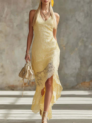 Women's Yellow Lace Sleeveless Maxi Dress