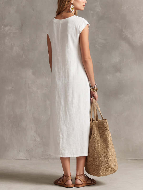 Minimalist V-neck Button-front Cotton-linen Midi Dress