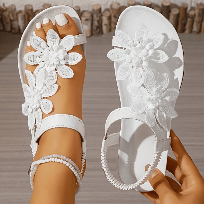 Summer Beach Bohemian Casual Flat Sandals, with Elastic Band Design, Soft and Comfortable Sole, Stylish and Elegant Toe-Post Sandals