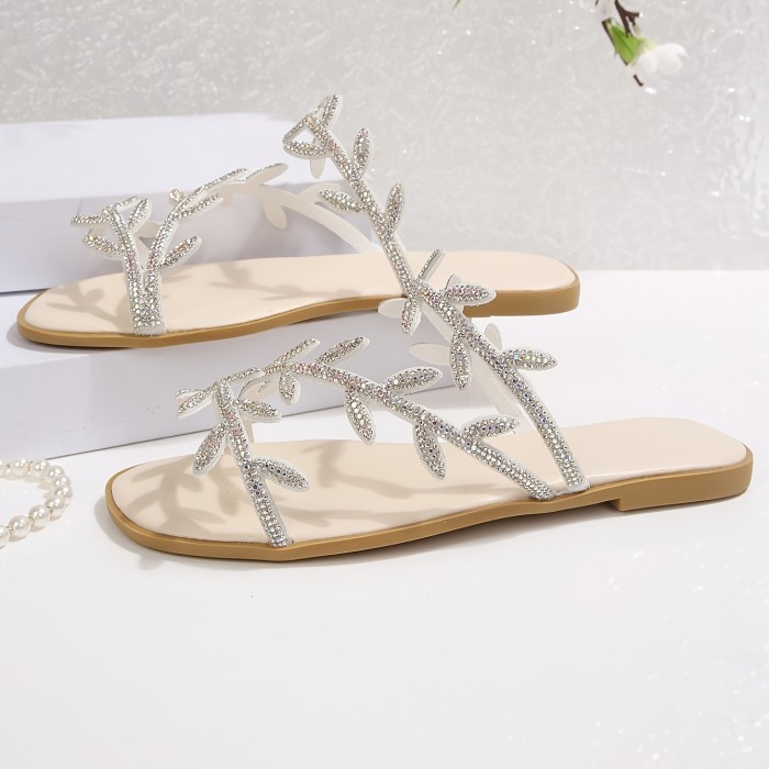Women's Rhinestone Leaf New Style Flat Slides - Comfortable, Elegant, Casual, Versatile Flat Sandals - Beach Vacation Style Summer Slides, Women Shoes