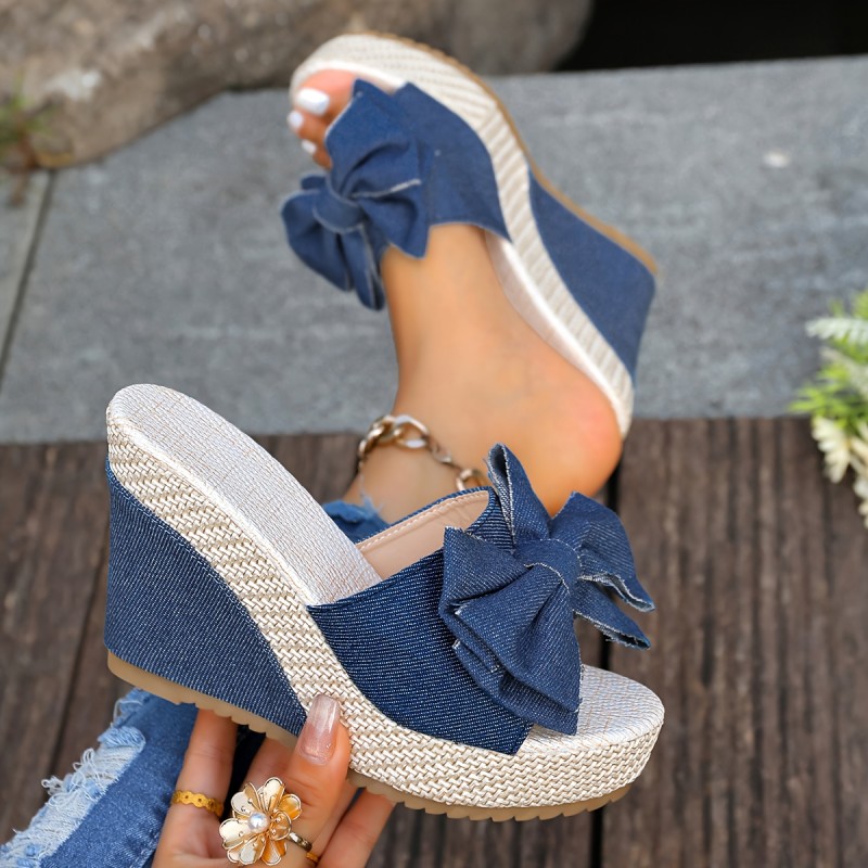 European American Style\u002FHigh Quality Platform Elegant High Heels for Women\u002FSummer New Bowknot Outdoor Fashion Thick Sole Wedge Heels\u002FPlus Size Summer Slippers\u002FWomen Shoes
