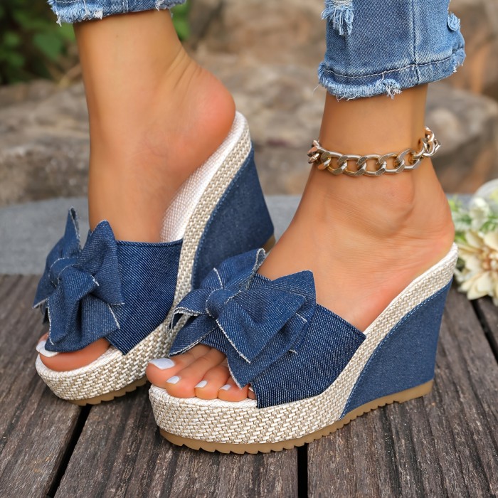 European American Style\u002FHigh Quality Platform Elegant High Heels for Women\u002FSummer New Bowknot Outdoor Fashion Thick Sole Wedge Heels\u002FPlus Size Summer Slippers\u002FWomen Shoes