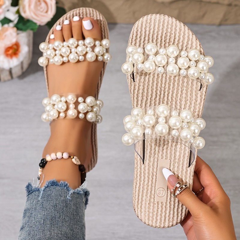 Summer Gentle Style Pearl Women'S Single Strap Slide - EVA Flat Flip Flop, Beach Vacation, Date Outing, Aesthetic Outfit, Women Shoes