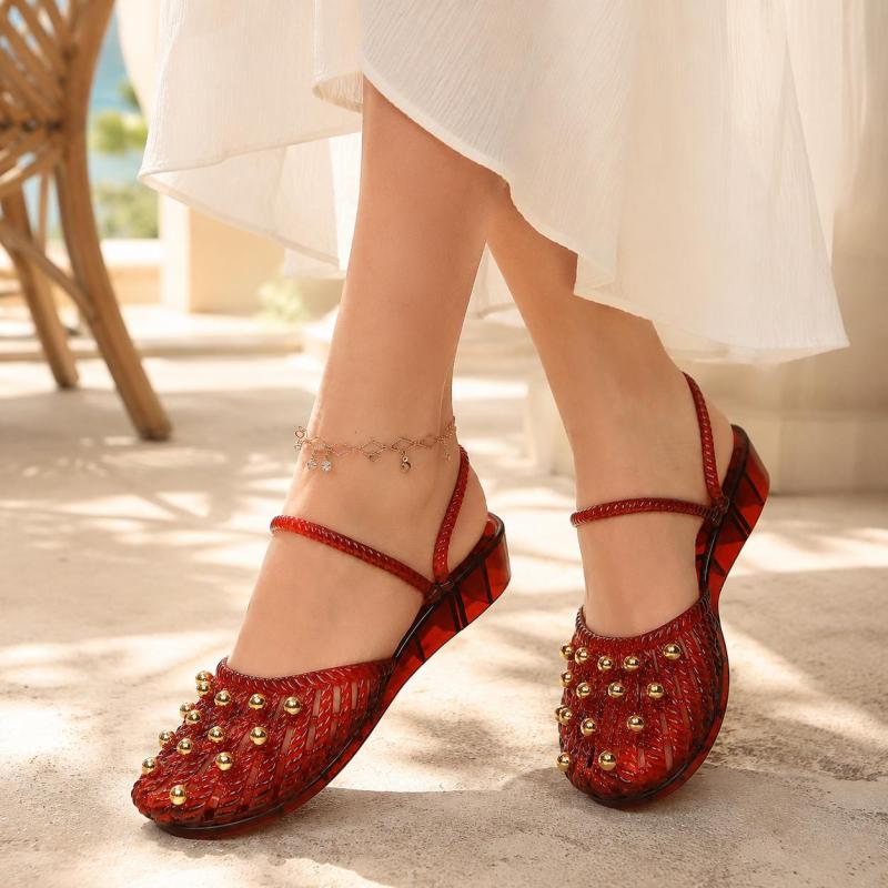 Vintage Transparent Woven Low-Heel Sandals with Chunky Square Small Heels, Versatile Outdoor Women's Jelly Shoes, Women Shoes