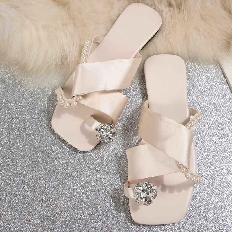 French Pearl Slippers Women'S Summer Wear Fashionable Clip-Toe New Temperament Versatile Chunky Heel Sandals And Slippers, Women Shoes