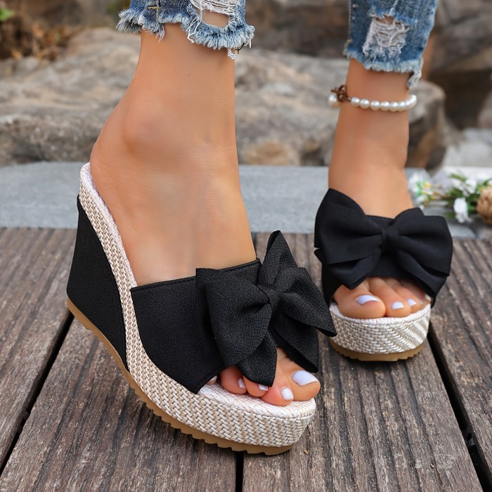 European American Style\u002FHigh Quality Platform Elegant High Heels for Women\u002FSummer New Bowknot Outdoor Fashion Thick Sole Wedge Heels\u002FPlus Size Summer Slippers\u002FWomen Shoes
