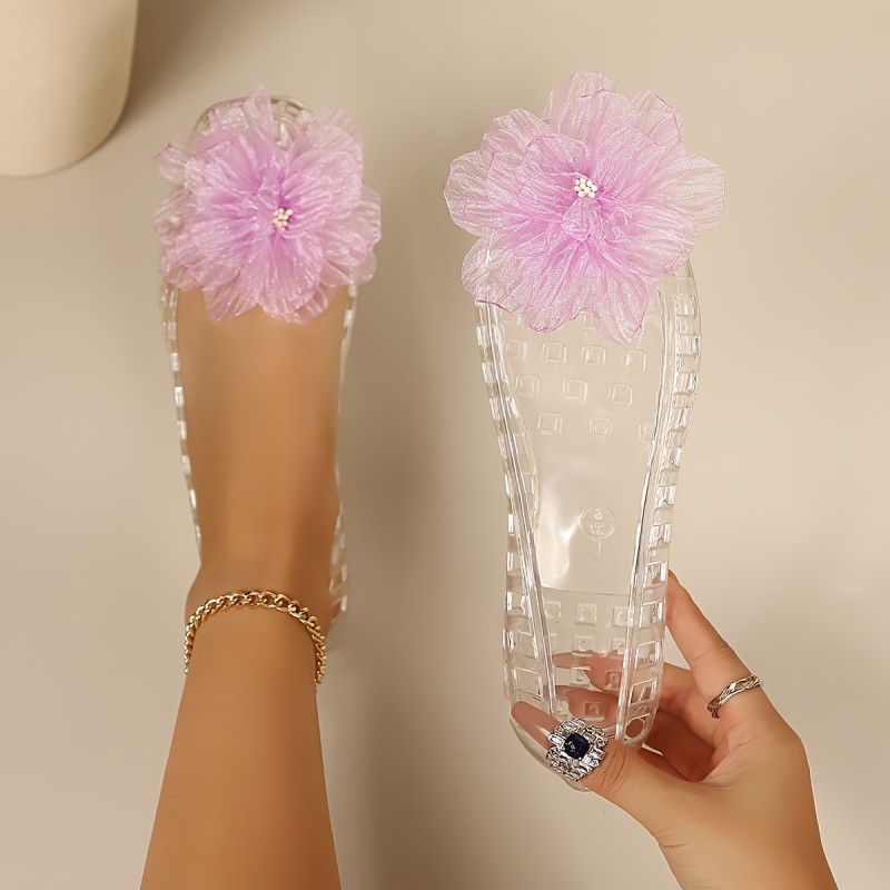 Summer Transparent Hollow-Out Floral Jelly Women's Shoes, Flat Sandals, Non-Slip Beach Shoes for Seaside Vacations, Women Shoes