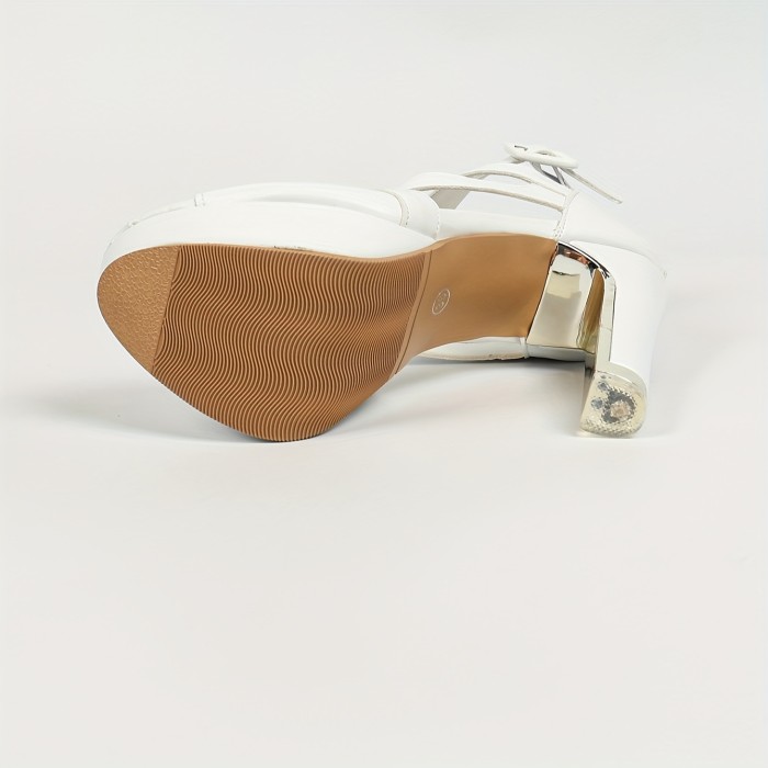 White High-Heeled Roman Sandals for Women with Chunky Heels, Platform, Peep-Toe, And Large Buckle Design., Women Shoes