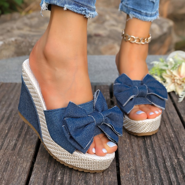 European American Style\u002FHigh Quality Platform Elegant High Heels for Women\u002FSummer New Bowknot Outdoor Fashion Thick Sole Wedge Heels\u002FPlus Size Summer Slippers\u002FWomen Shoes