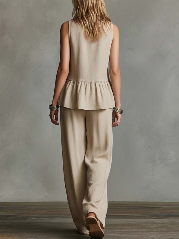 Women's Round Neck Sleeveless Casual Loose Cotton Top And High Waist Casual Loose Wide Leg Pants Set