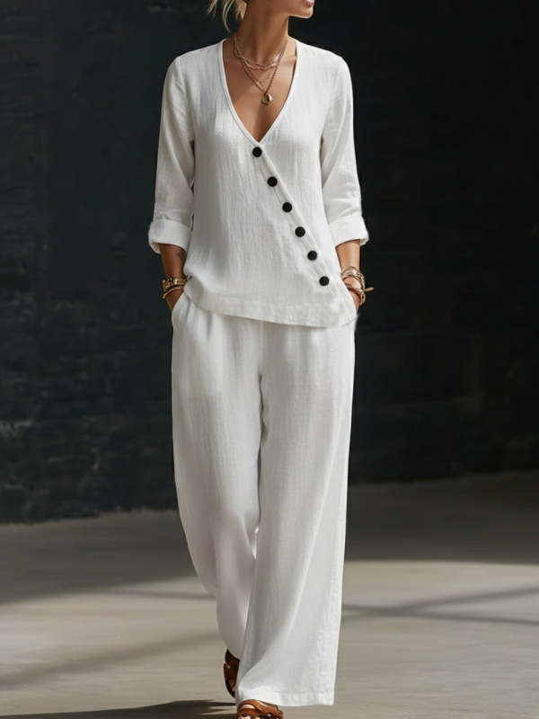 Minimalist V-neck Shirt And Wide-leg Pants Two-piece Set
