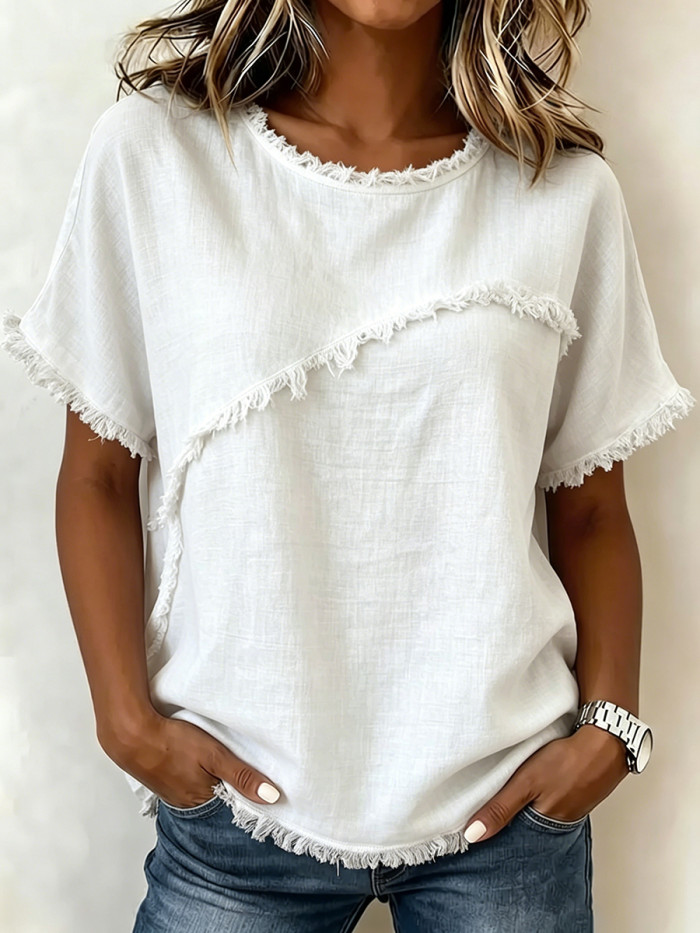 Split-Joint Solid Color Fringed Short Sleeves Loose Round-Neck T-Shirts Tops