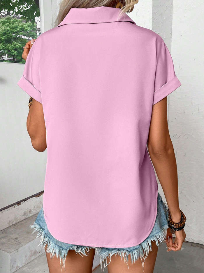 Solid Color Pleated Buttoned Short Sleeves Loose Lapel Blouses&shirts Tops
