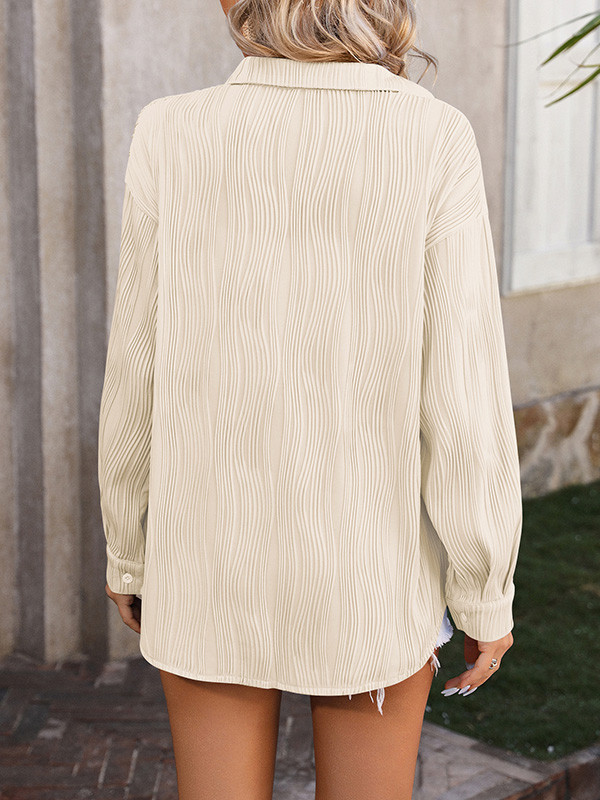 Solid Color Pleated Jacquard Buttoned Long Sleeves Blouses&Shirts Tops