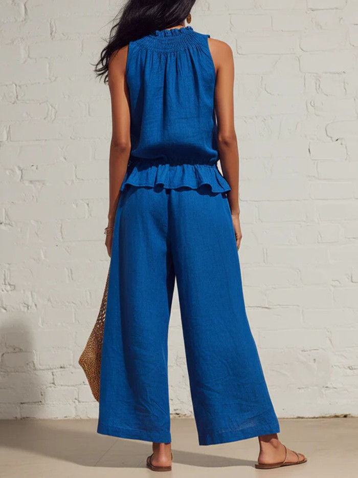 Solid Color Pockets Pleated Elasticity Wide Leg Sleeveless Round-Neck Vest Top + Bottom Pants Two Pieces Set
