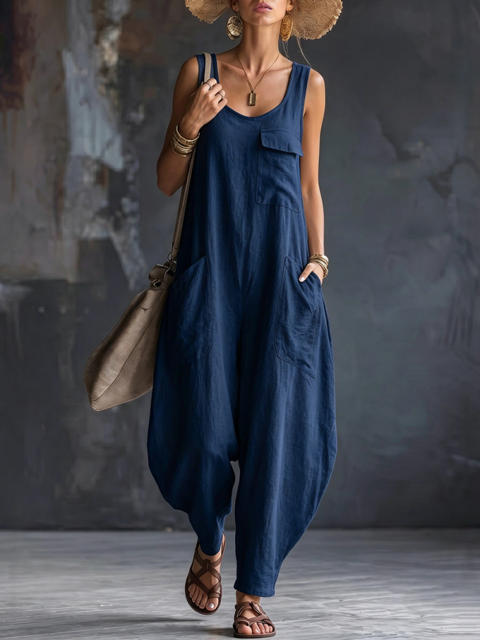 Solid Color Pockets Wide Leg Sleeveless Square-Neck Jumpsuits