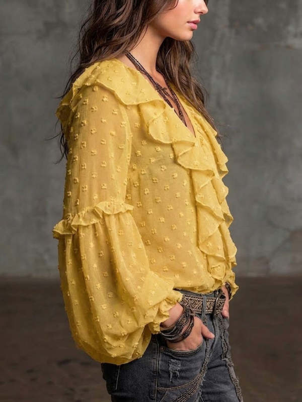 Chic And Elegant Chiffon Blouse Featuring A Jacquard And Fil CoupÃ© Polka-dot Pattern With Ruffle Details.