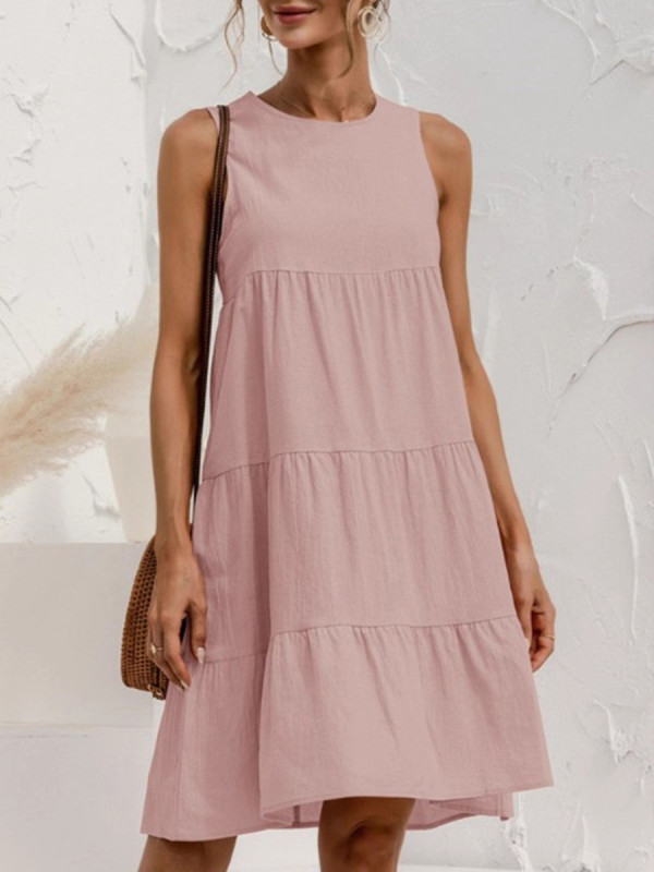 Split-Joint Solid Color Pleated Sleeveless Loose Round-Neck Mini Dresses