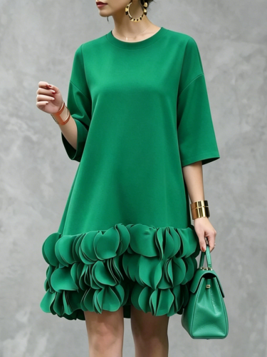 Three-Dimensional Flower Split-Joint Solid Color Three-Quarter Sleeves Loose Round-Neck Midi Dresses