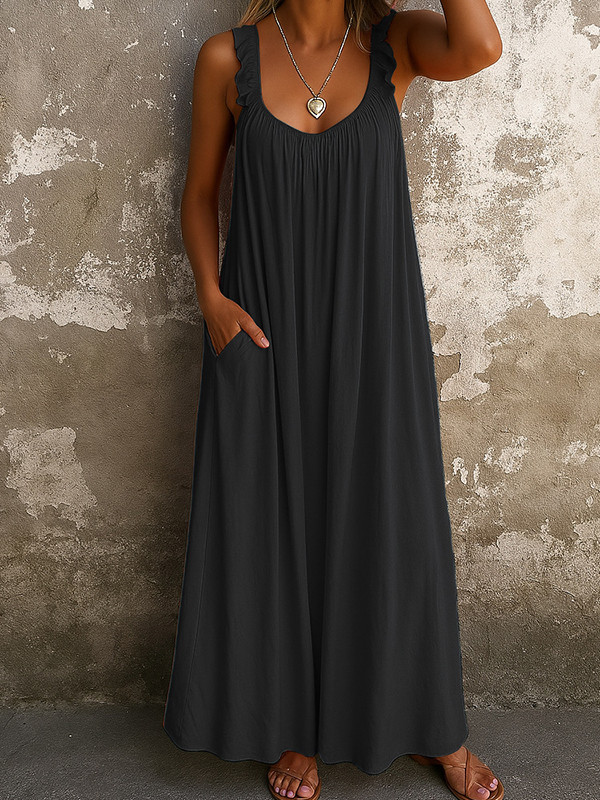 Split-Joint Ruffled Pleated Sleeveless Plus Size U-neck Maxi Dresses