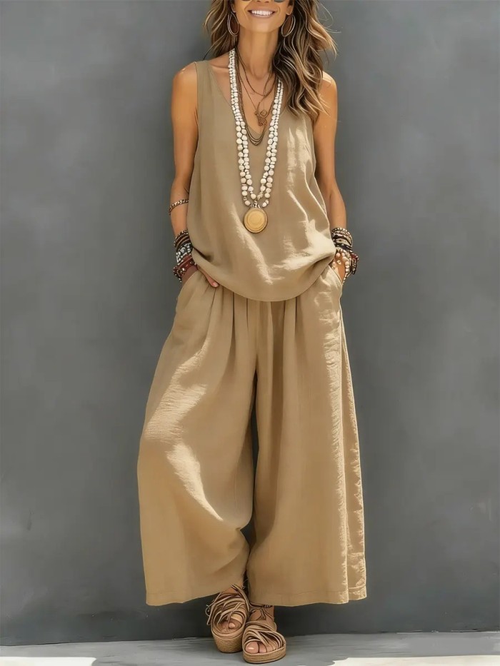 Solid Color Pockets Pleated Elasticity Wide Leg Sleeveless V-Neck Two Pieces Set