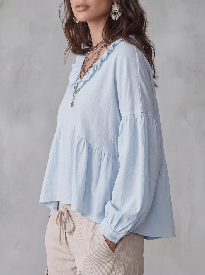 Split-Joint Solid Color Ruffle Trim Pleated Plus Size Loose Deep V-Neck Blouses&shirts Tops