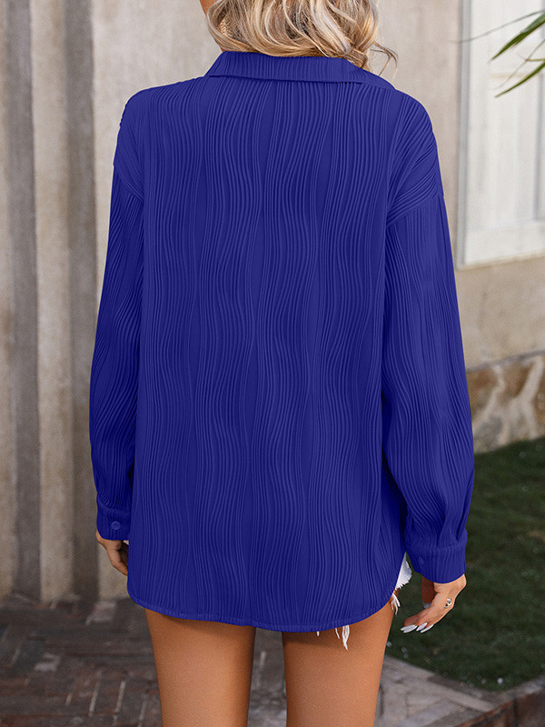 Solid Color Pleated Jacquard Buttoned Long Sleeves Blouses&Shirts Tops