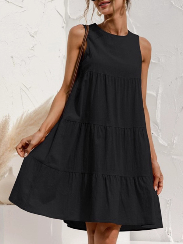 Split-Joint Solid Color Pleated Sleeveless Loose Round-Neck Mini Dresses