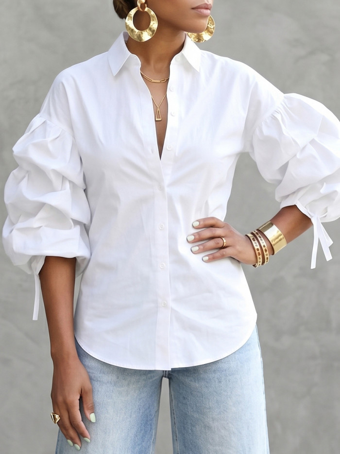 Tied Solid Color Buttoned Seven-quarter Sleeves Puff Sleeves Lapel Blouses&shirts Tops