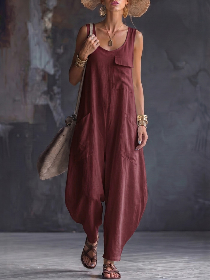 Solid Color Pockets Wide Leg Sleeveless Square-Neck Jumpsuits