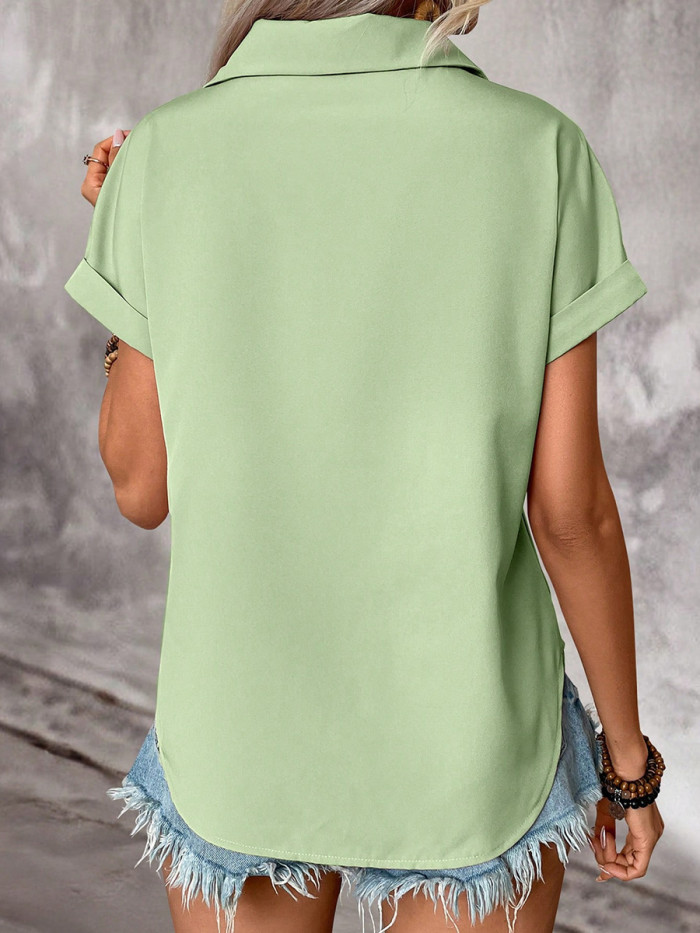 Solid Color Pleated Buttoned Short Sleeves Loose Lapel Blouses&shirts Tops
