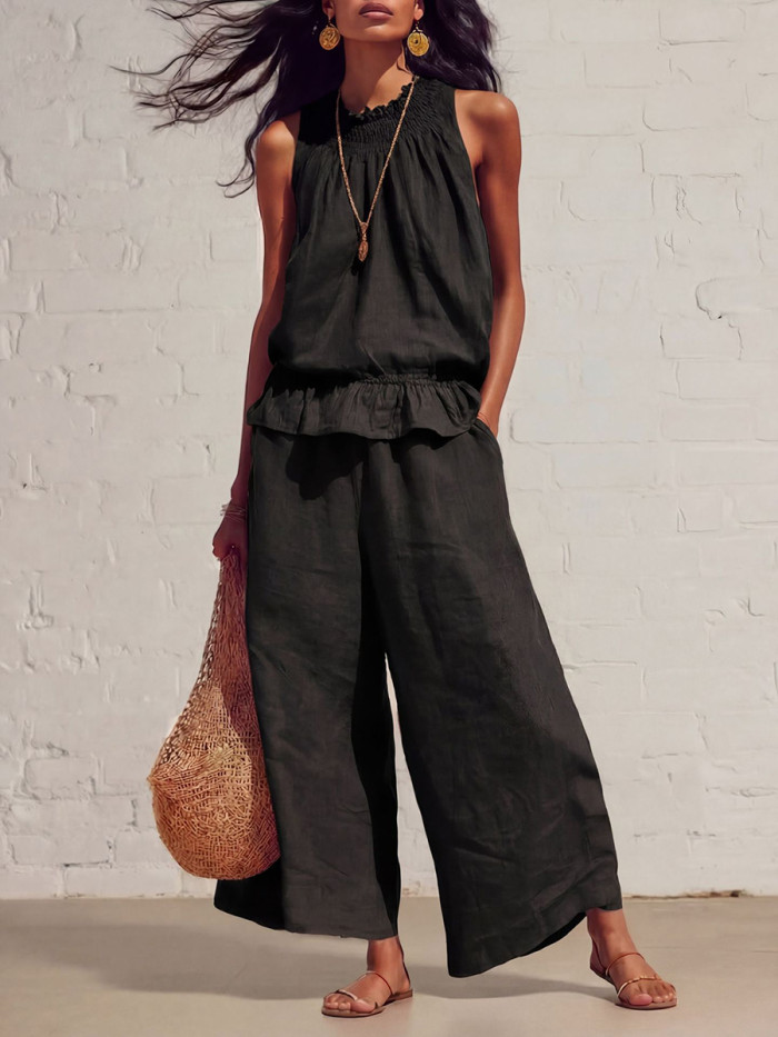 Solid Color Pockets Pleated Elasticity Wide Leg Sleeveless Round-Neck Vest Top + Bottom Pants Two Pieces Set