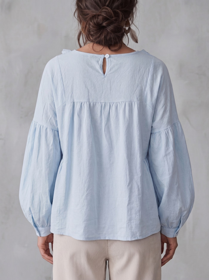 Split-Joint Solid Color Ruffle Trim Pleated Plus Size Loose Deep V-Neck Blouses&shirts Tops