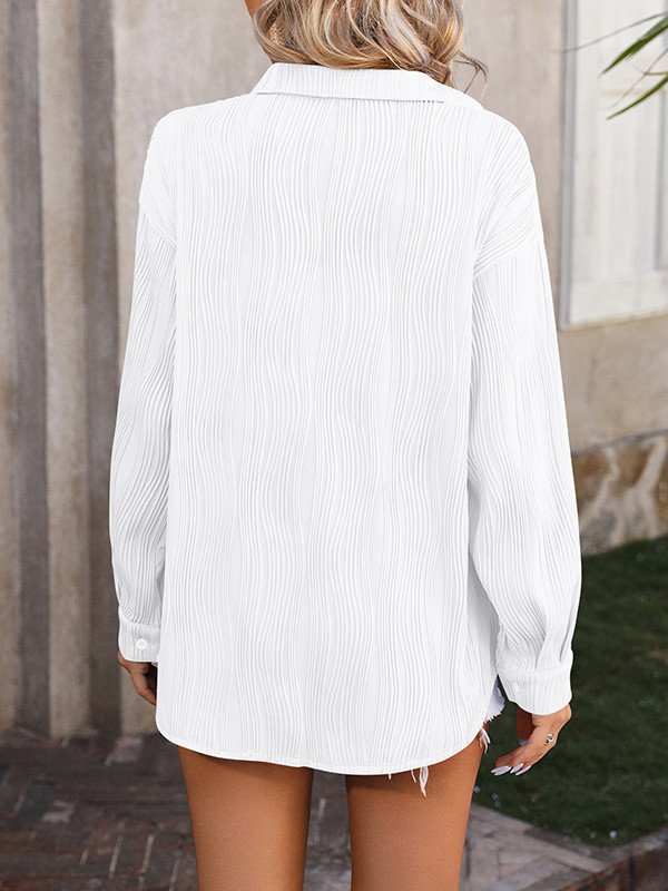 Solid Color Pleated Jacquard Buttoned Long Sleeves Blouses&Shirts Tops