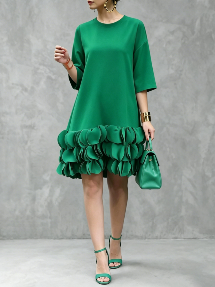 Three-Dimensional Flower Split-Joint Solid Color Three-Quarter Sleeves Loose Round-Neck Midi Dresses