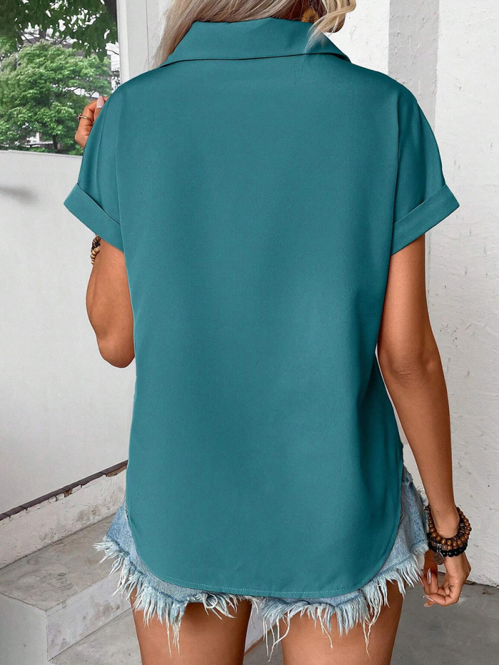 Solid Color Pleated Buttoned Short Sleeves Loose Lapel Blouses&shirts Tops