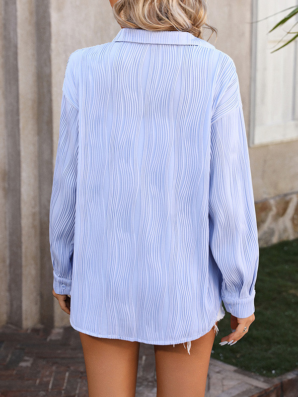 Solid Color Pleated Jacquard Buttoned Long Sleeves Blouses&Shirts Tops