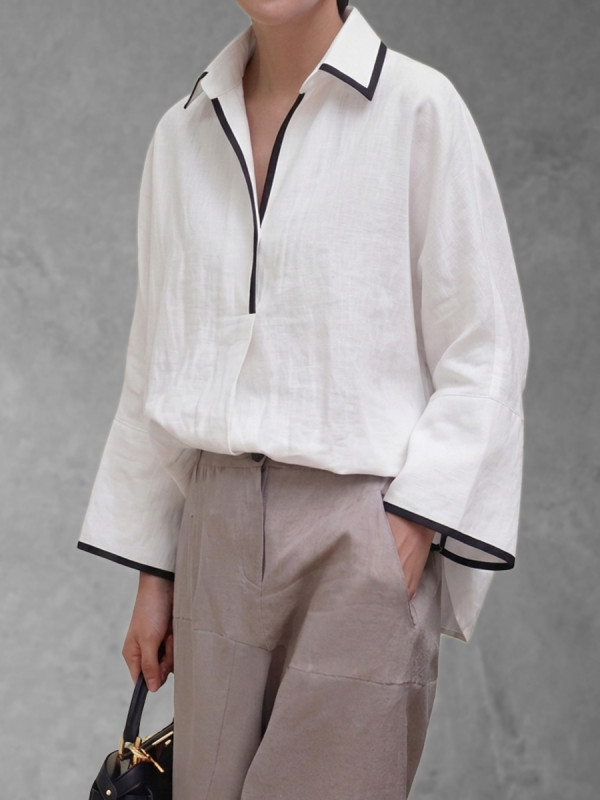 Split-Joint Solid Color Loose Long Sleeves Lapel Blouses&Shirts Tops